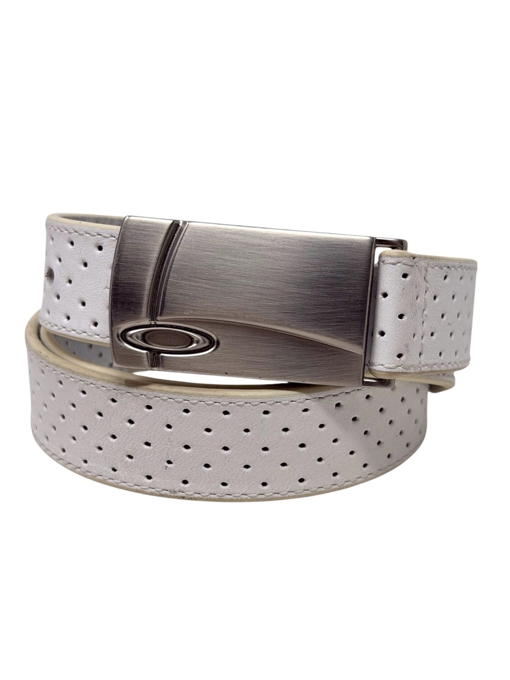 Oakley Ellipse white dot leather belt w/brushed silver-tone buckle 36” long